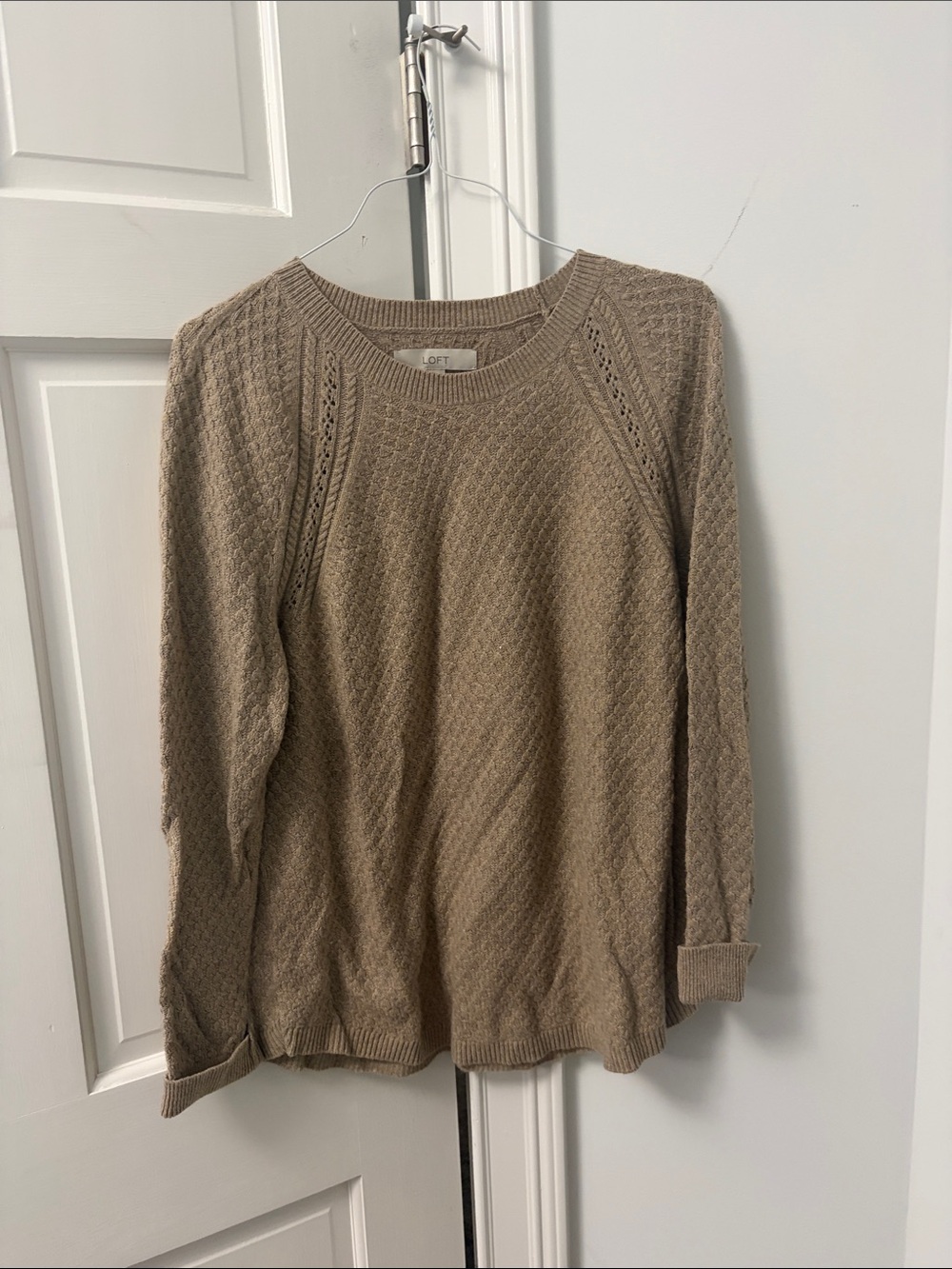 LOFT Taupe Crewneck Sweater with Textured Stitch